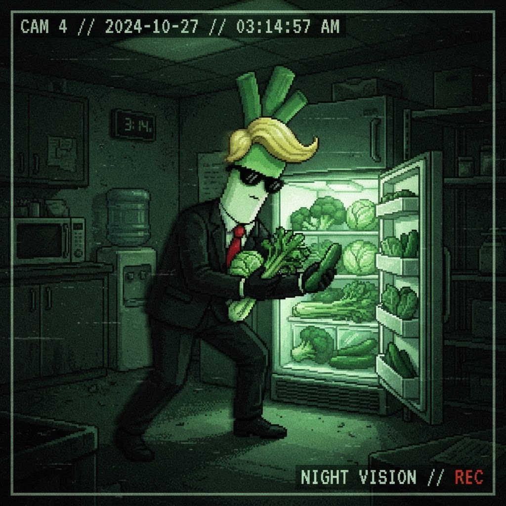 Grainy pixel art surveillance shot of the leek character raiding an office fridge at night