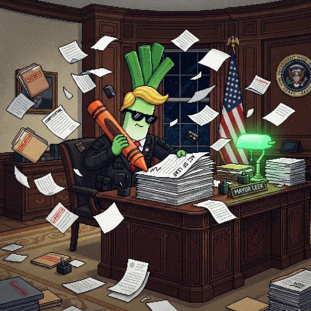 Pixel art of the leek character signing a huge stack of documents with an oversized crayon
