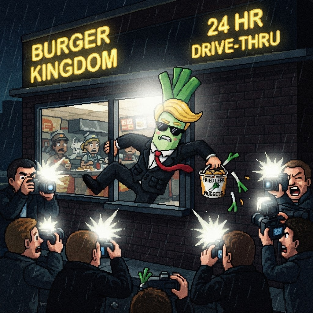 Pixel art paparazzi shot of the leek character stuck in a drive-thru window with a bucket of fried leeks