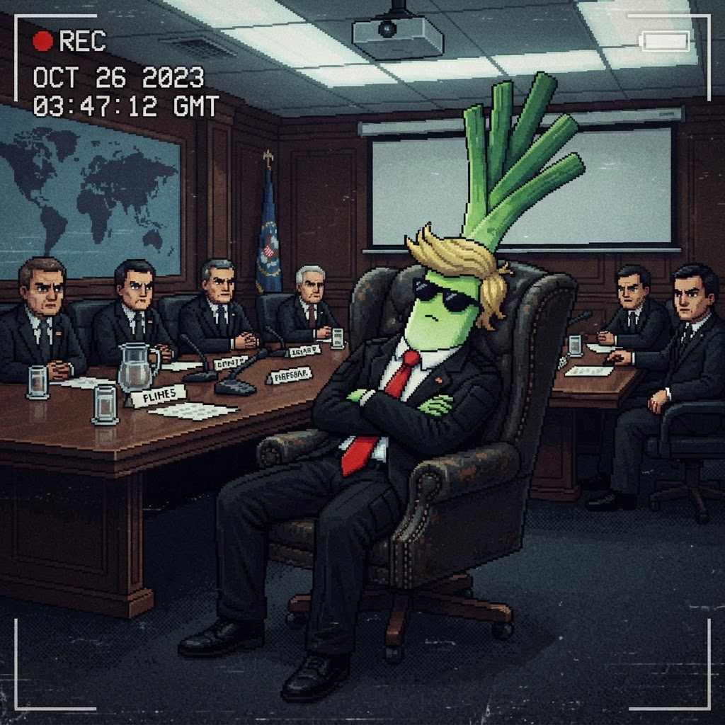Pixel art of the leek character in a black suit and red tie asleep in a leather chair while officials watch at a summit table