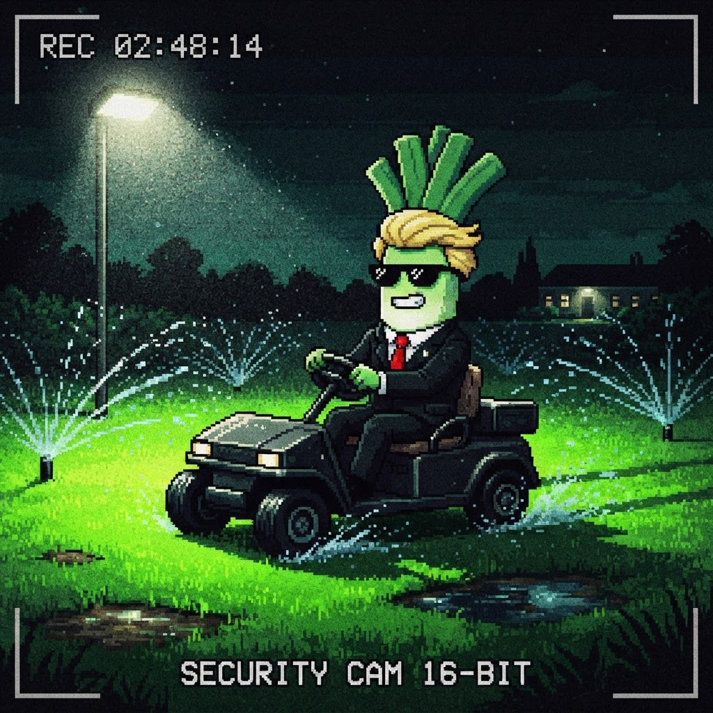 Pixel art security shot of the leek character driving a golf cart across a floodlit lawn