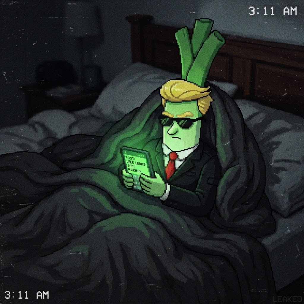 Pixel art of the leek character posting on his phone at night under a blanket
